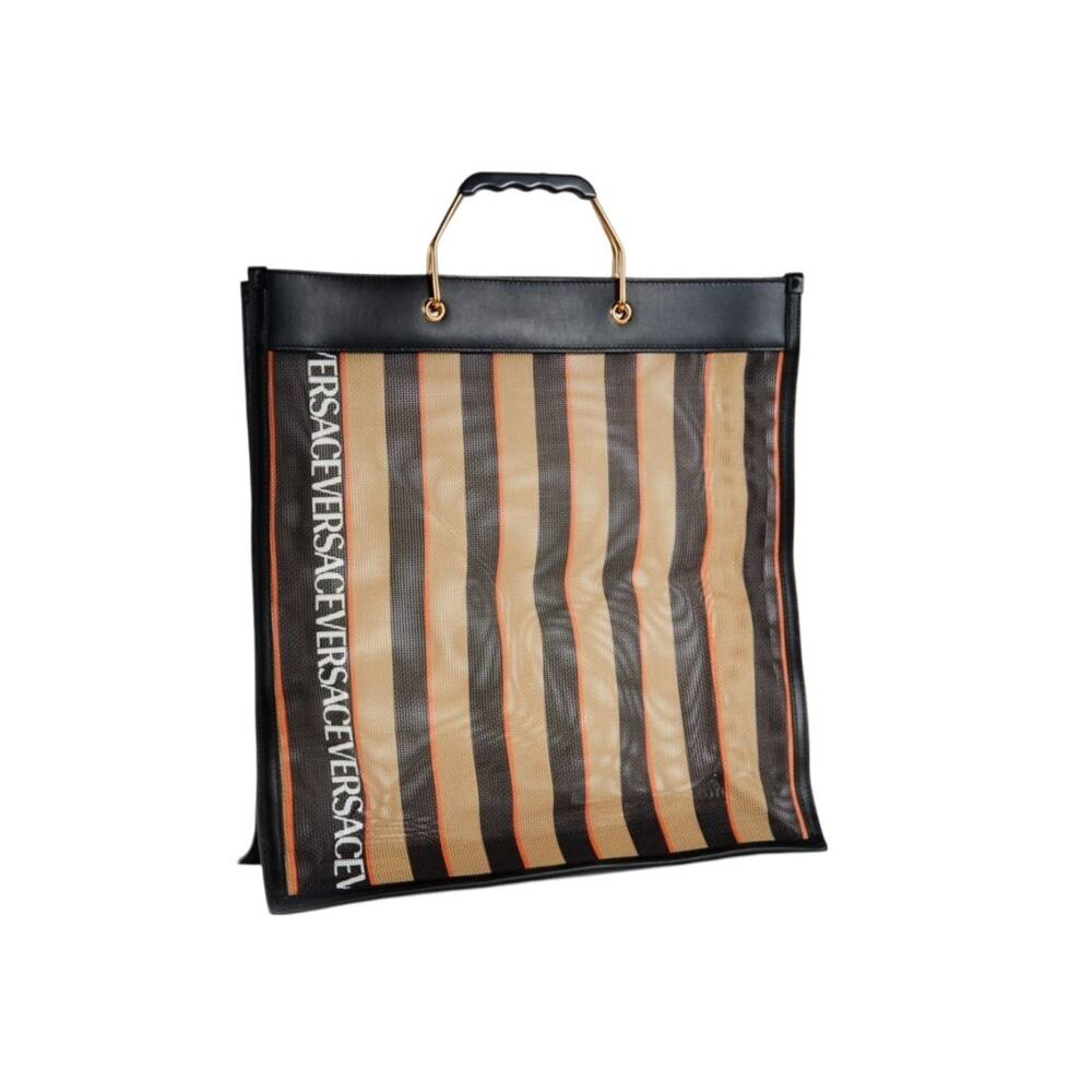$1,995 Versace Logo Design Brown Black Mesh Tote Men's Bag 15"W x 16"H x 4.5"D